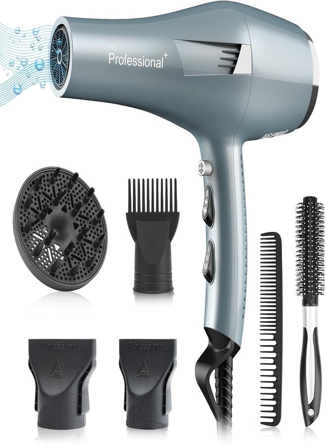 Faszin Ionic Salon Hair Dryer, Professional Blow Dryer AC Motor Fast Drying with 2 Speed, 3 Heat Setting, Cool Button, with Diffuser, Nozzle, Concentrator Comb for Curly & Straight Hair-Gray