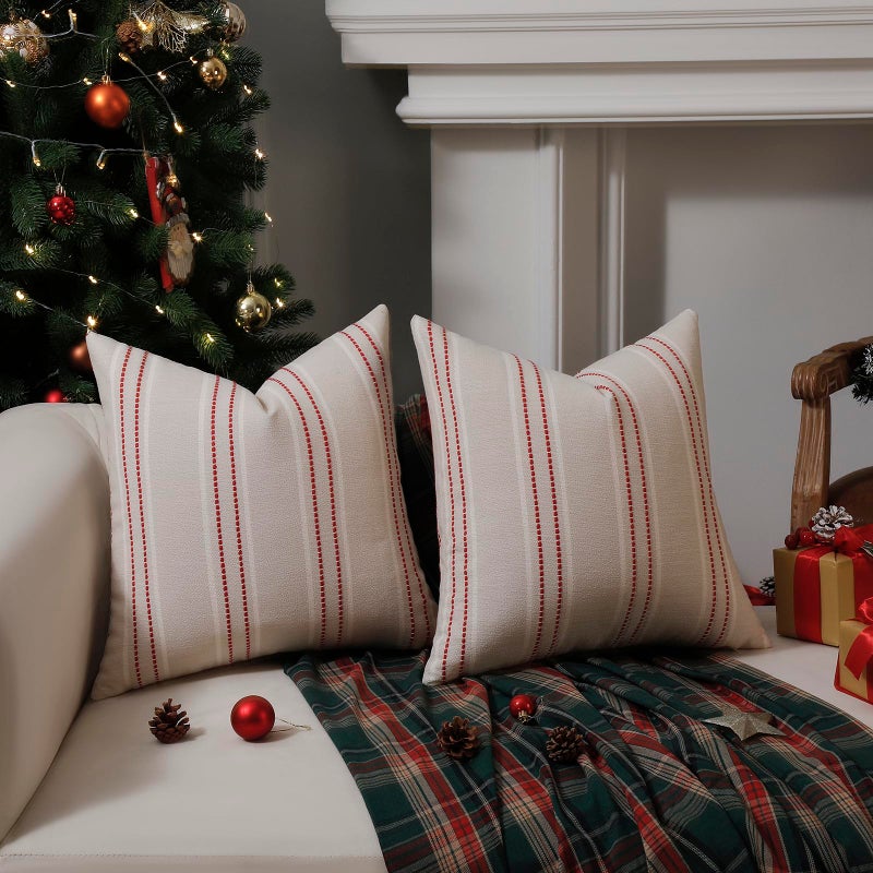 Hckot Christmas Throw Pillow Covers 20x20 Set of 2 Red Striped Pillow Covers Textured Linen Xmas Decorations Pillows Farmhouse Winter Holiday Decor for Sofa Living Room (Red) - Image 2