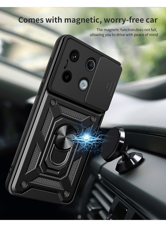 Xiaomi Redmi Note 13 Pro 5G Case, Shockproof Case, Anti-Fall Drop Protection, Built-in Slide Anti-Scratch Camera Lens Cover, Integrated 360 Degree Rotating Ring Kickstand, Black  - Image 3