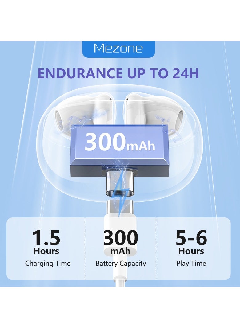 Mezone - MEPODS True Wireless Bluetooth Earbuds with Touch Control, Powerful Bass, Bluetooth 5.3 Earphones, 5-6 Hours Playtime & Built-in Microphone, White - Image 1