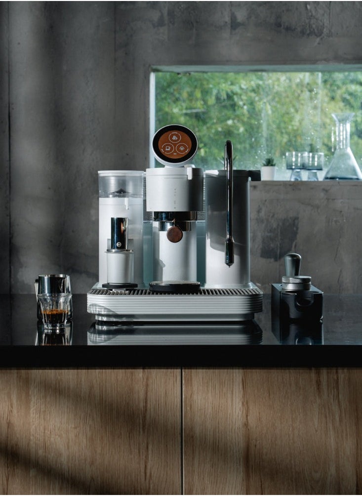 Espresso Machine White – 58mm Portafilter, In-Built Grinder & 1kg Scale, PID Control, 360° Adjustable Steam Wand, Magnetic Dosing Cup, Dual Boiler, Group-Head Heater, Barista Coffee Maker 220-240V
