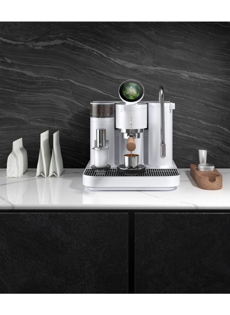Espresso Machine White – 58mm Portafilter, In-Built Grinder & 1kg Scale, PID Control, 360° Adjustable Steam Wand, Magnetic Dosing Cup, Dual Boiler, Group-Head Heater, Barista Coffee Maker 220-240V