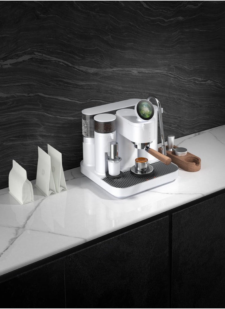 Espresso Machine White – 58mm Portafilter, In-Built Grinder & 1kg Scale, PID Control, 360° Adjustable Steam Wand, Magnetic Dosing Cup, Dual Boiler, Group-Head Heater, Barista Coffee Maker 220-240V