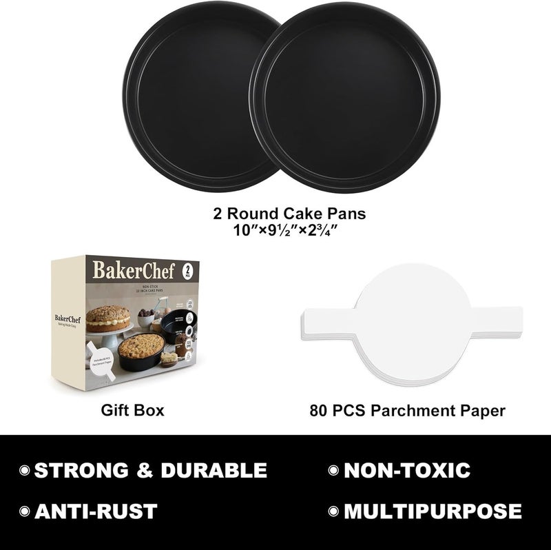 BakerChef 10 Inch Cake Pan Set of 2, Nonstick Round Cake Pans with 80 PCS Parchment Paper, Carbon Steel Layer Cake Baking Molds, Dishwasher Safe - Image 3