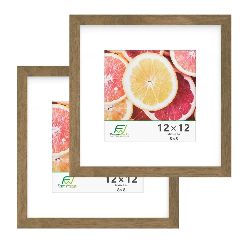 FrameWorks 2Pack 12x12 Matted to 8x8 Picture Frame Dark Oak Classic Wooden Photo Frame with Tempered Glass Modern Matte Finish for Prints Posters Certificates Wall Decor GalleryReady