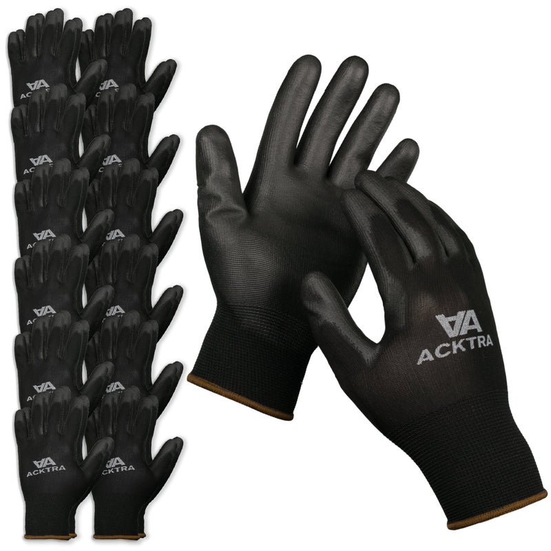 ACKTRA Ultra-Thin PU Safety WORK GLOVES 12 Pairs, WG002 Black/Black, Medium - Image 1