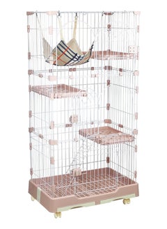Cat cage with Hammock, Widened perch, Climbing ladder, Slide-out tray, and Universal wheels, Durable metal wire cat cage for Multiple indoor cats and kittens 145 cm (Pink)