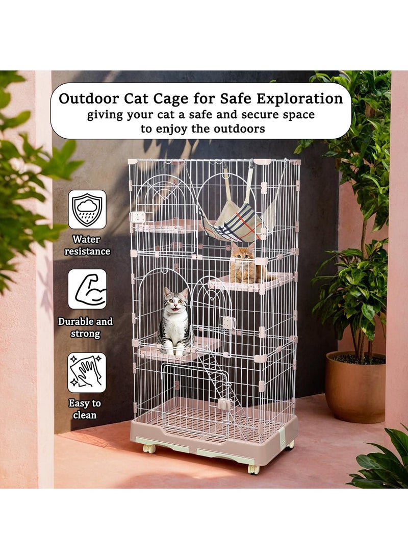 MAJIBAO - Cat cage with Hammock, Widened perch, Climbing ladder, Slide-out tray, and Universal wheels, Durable metal wire cat cage for Multiple indoor cats and kittens 145 cm (Pink) - Image 1