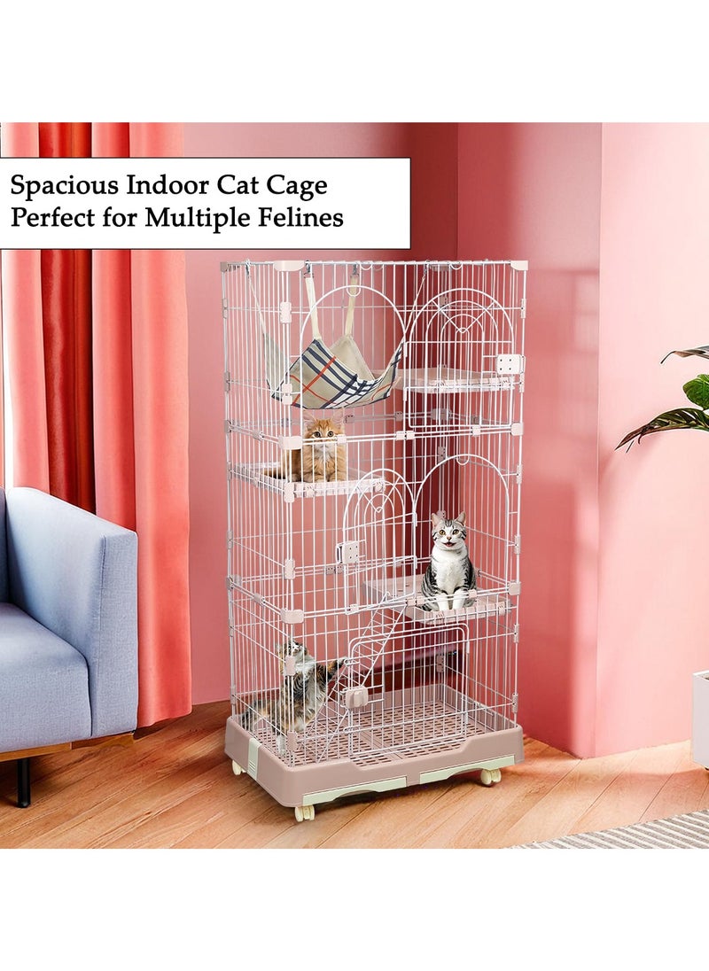 MAJIBAO - Cat cage with Hammock, Widened perch, Climbing ladder, Slide-out tray, and Universal wheels, Durable metal wire cat cage for Multiple indoor cats and kittens 145 cm (Pink) - Image 1