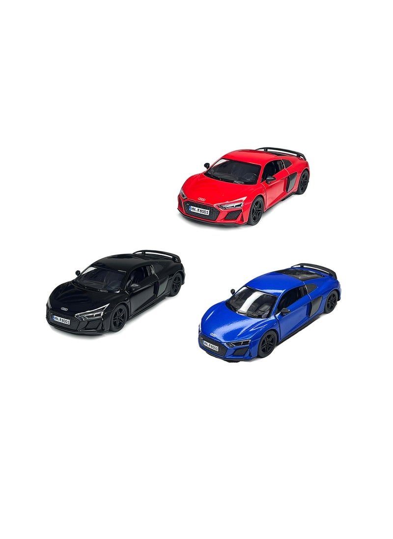 Kinsmart Pack of 3 Pcs 1:36 Scale 2021 Audi R8 Coupe Door Openable Pull Back Action Diecast Model Alloy Metal Toy Car-Assorted Colour 