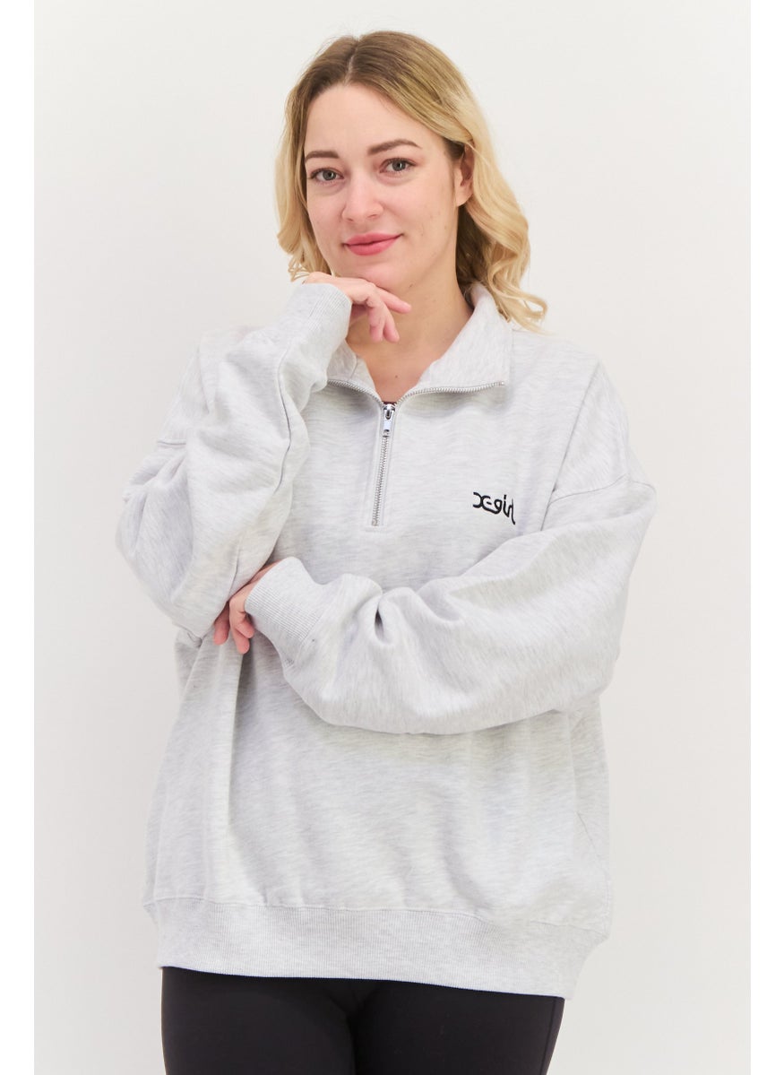 X-Girl Women Turtle Neck Embraided Logo Long Sleeves Sweatshirt, Grey  - Image 1
