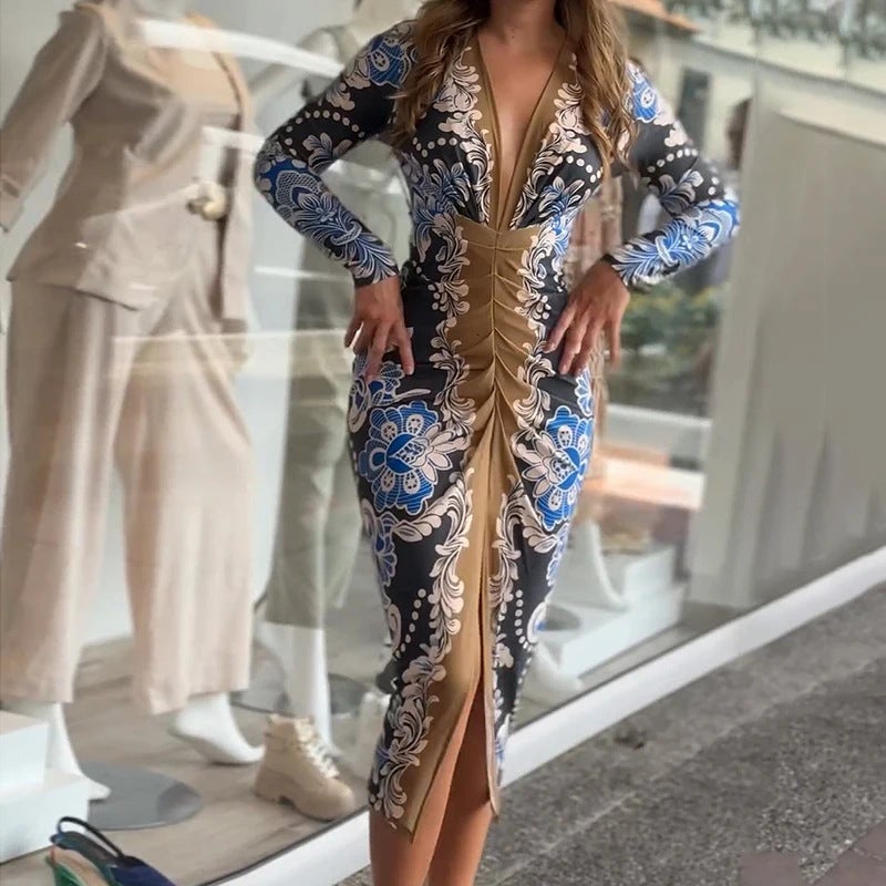 Autumn Bohemian V-Neck High Waist Slim-Fit Hip Dress - Image 2
