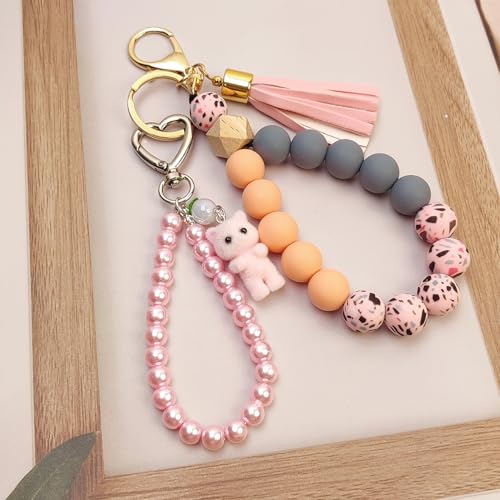 Nalefow Cute Pink Keychain, Fuzzy Cat Keychain Aesthetic Y2K KeychainCharms Stylish KeychainsAccessories for Bag Charms Purse Gifts (1PCS Pink Pearl Cat) - Image 4