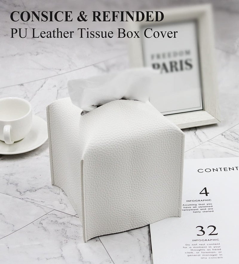 Livelab Tissue Box Cover, Square Decorative PU Leather Tissue Box Holder Modern Tissue Case Facial Paper Organizer Dispenser for Bathroom, Vanity Countertop, Night Stands, Desk 5X5X5'' | Off White - Image 4