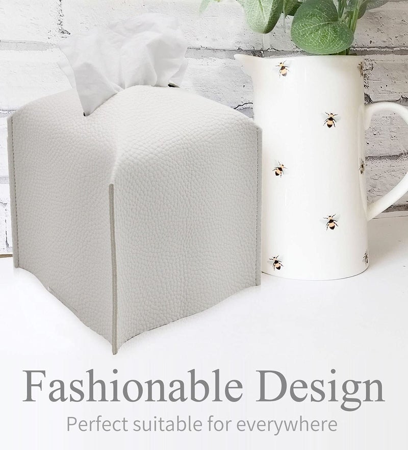 Livelab Tissue Box Cover, Square Decorative PU Leather Tissue Box Holder Modern Tissue Case Facial Paper Organizer Dispenser for Bathroom, Vanity Countertop, Night Stands, Desk 5X5X5'' | Off White - Image 2