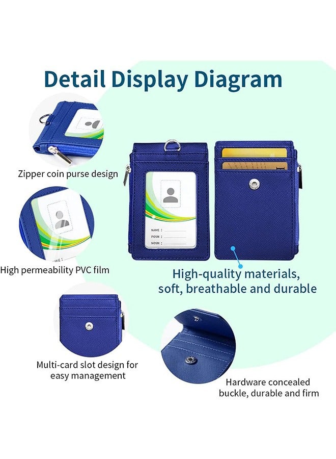 Ocean PU Leather ID Badge Card Holder Wallet-Style Protective Case with Card Slots, 1 Side Zipper Pocket & 24.8-inch (About 63 cm) Polyester Neck Ianyard Retractable Badge Reel, Blue - Image 2
