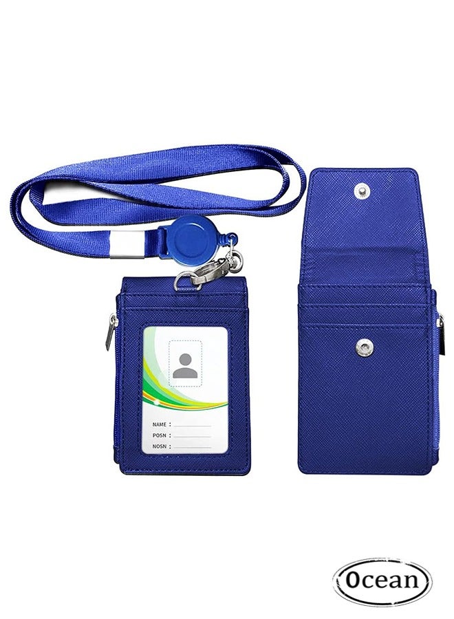 Ocean PU Leather ID Badge Card Holder Wallet-Style Protective Case with Card Slots, 1 Side Zipper Pocket & 24.8-inch (About 63 cm) Polyester Neck Ianyard Retractable Badge Reel, Blue - Image 1