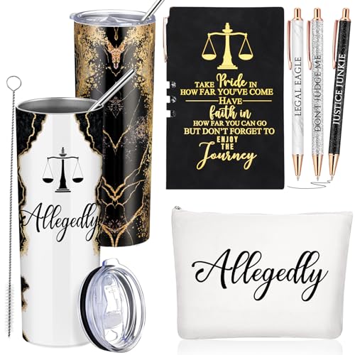 Domensi 6 Pcs Funny Allegedly Lawyer Gifts Judge Gift Inspirational Gift for Law Student 20 oz Marble Sign Tumbler Makeup Bag Notepad Ballpoints for Law Paralegal School College Teacher(Black) - Image 1