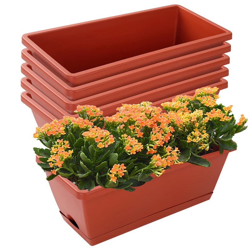 CHUKEMAOYI Window Box Planter, 7 Pack Plastic Vegetable Flower Planters Boxes 17 Inches Rectangular Flower Pots with Saucers for Indoor Outdoor Garden, Patio, Home Decor (Red) - Image 1