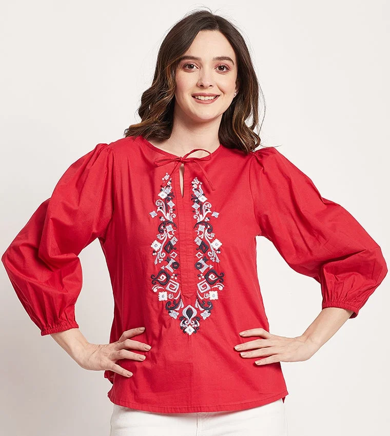 Embroidered Balloon Sleeves Top