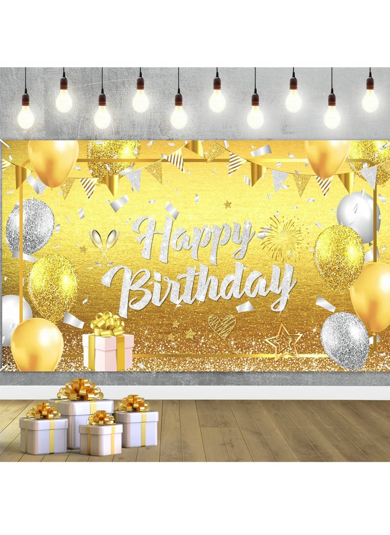 SYOSI - Happy Birthday Banner Decorations Large Gold Silver Glittery Birthday Banner Backdrop Gold Birthday Sign Photo Booth Background for Women Men Girls Birthday Party Supplies - Image 1