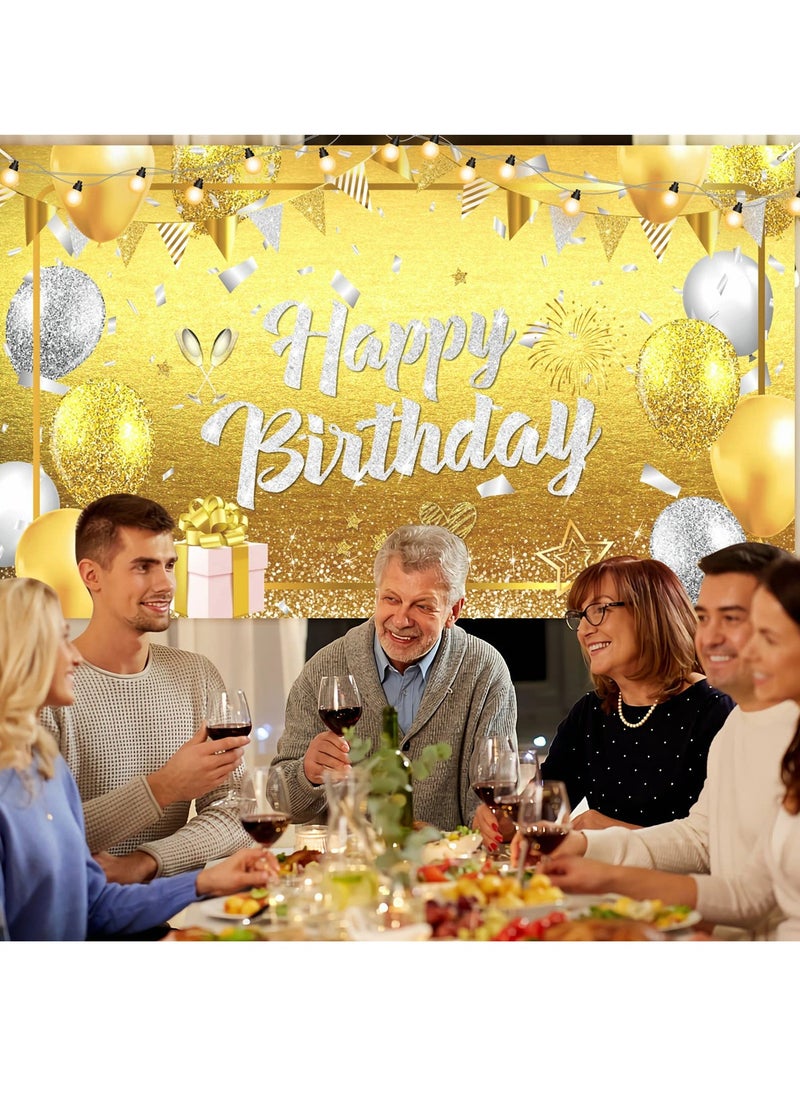 SYOSI - Happy Birthday Banner Decorations Large Gold Silver Glittery Birthday Banner Backdrop Gold Birthday Sign Photo Booth Background for Women Men Girls Birthday Party Supplies - Image 1
