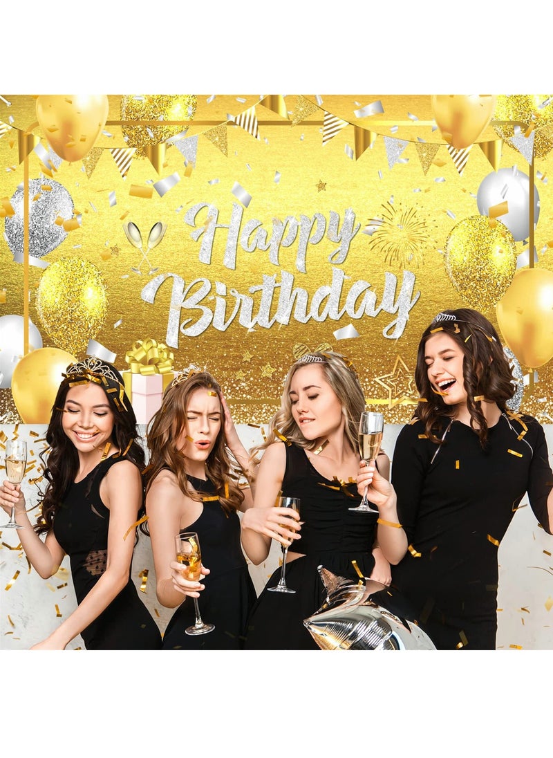 SYOSI - Happy Birthday Banner Decorations Large Gold Silver Glittery Birthday Banner Backdrop Gold Birthday Sign Photo Booth Background for Women Men Girls Birthday Party Supplies - Image 1