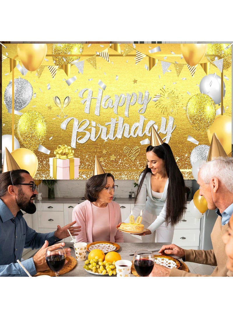SYOSI - Happy Birthday Banner Decorations Large Gold Silver Glittery Birthday Banner Backdrop Gold Birthday Sign Photo Booth Background for Women Men Girls Birthday Party Supplies - Image 1