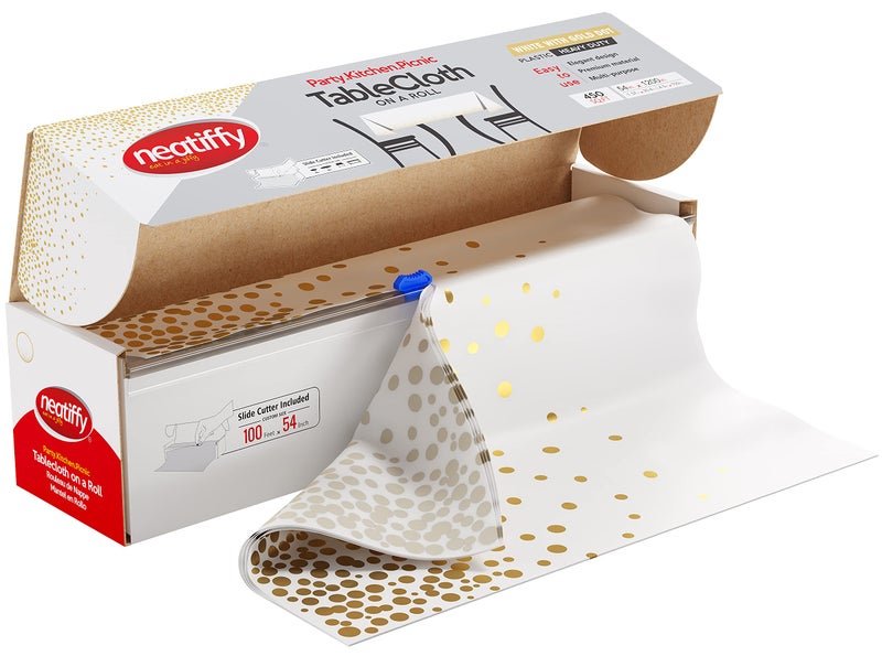 Neatiffy Neatiffy 54 in x 100 Ft  Disposable Plastic Table Cloth Roll with Slide Cutter  Waterproof Cover for Rectangle Square Oval Tables  Picnic Party Banquet Birthdays Weddings  White Golden Dots 