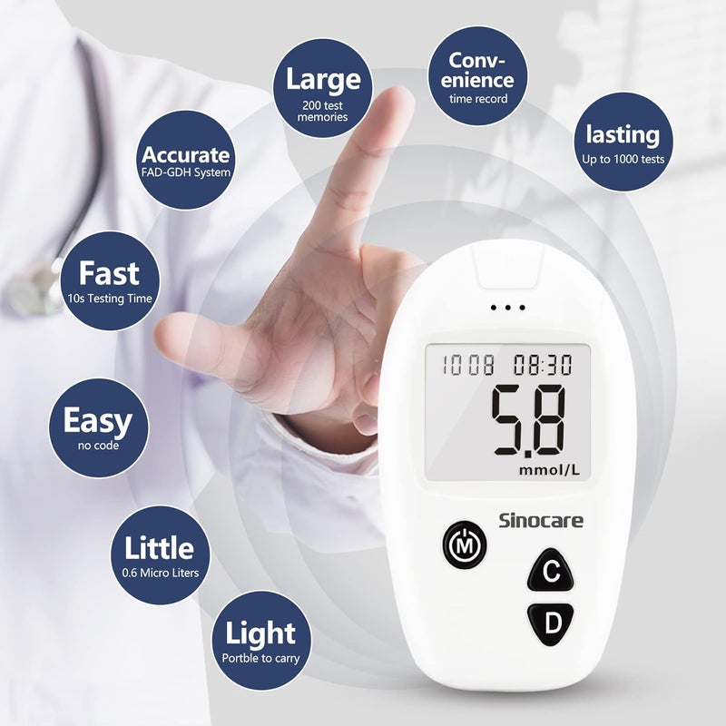 sinocare Diabetes Testing KitBlood Glucose Monitor SafeAccuBlood Glucose Sugar Test Kit with Separated Test Strips Free x 10 Case for UK Diabetics in mmolL - Image 2