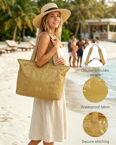 FHELAD Beach Tote Bag for Women, Large Work Shoulder Handbag with 15.6" Laptop and Multi Pockets Office Bag for Travel, Brown - Image 2
