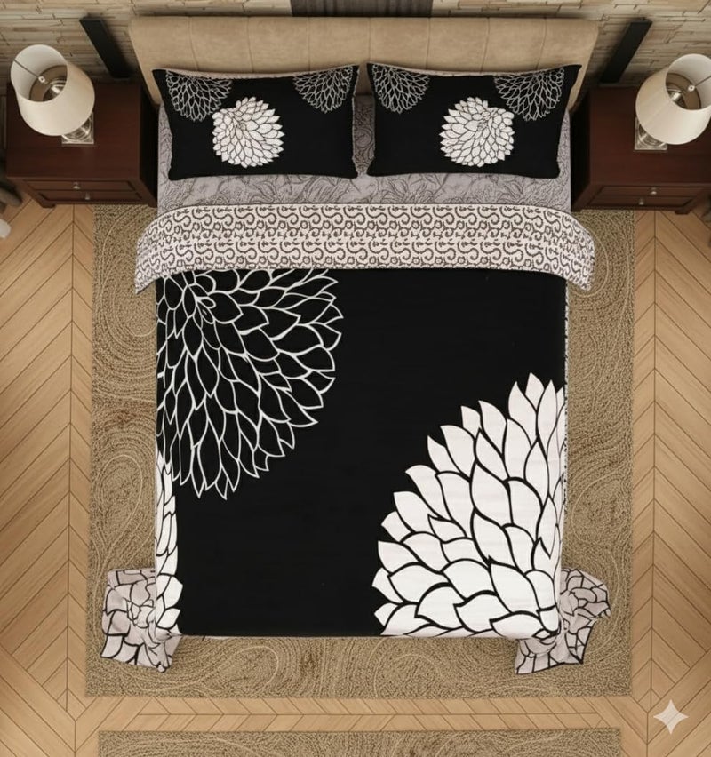 FRESH FROM LOOM Floral Chenille Velvet 500 TC Double Bed King Size Bedsheet (Black, 90x100 Inch) - 1 Bedsheet with 2 Pillow Cover - Image 2