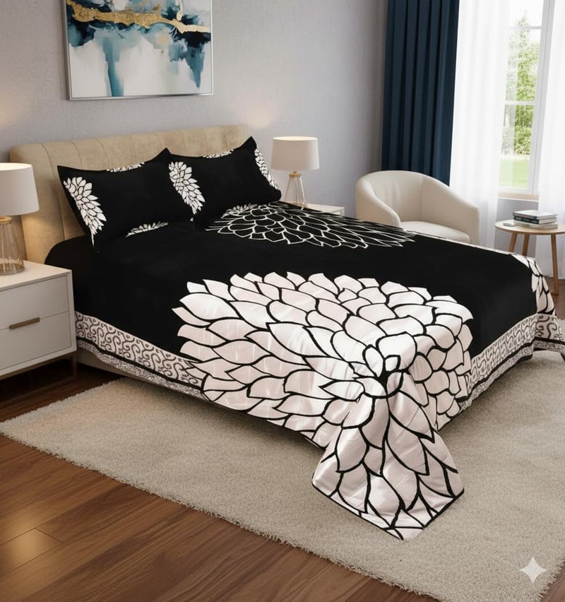 FRESH FROM LOOM Floral Chenille Velvet 500 TC Double Bed King Size Bedsheet (Black, 90x100 Inch) - 1 Bedsheet with 2 Pillow Cover - Image 1