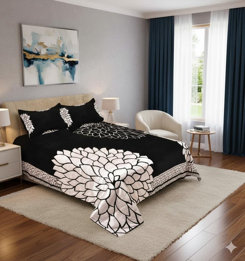 FRESH FROM LOOM Floral Chenille Velvet 500 TC Double Bed King Size Bedsheet (Black, 90x100 Inch) - 1 Bedsheet with 2 Pillow Cover - Image 5