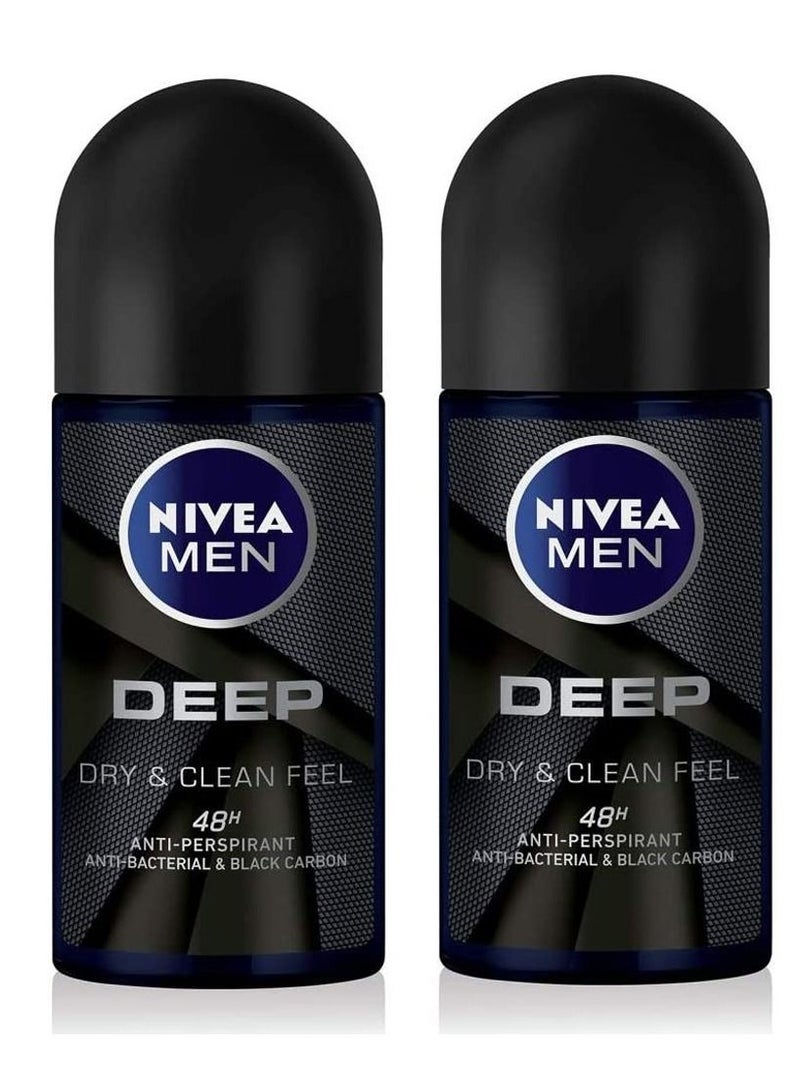 Nivea Men Deep Anti-Perspirant Roll-On Dry & Clean Feel 50ml (Pack of 2) - Image 1