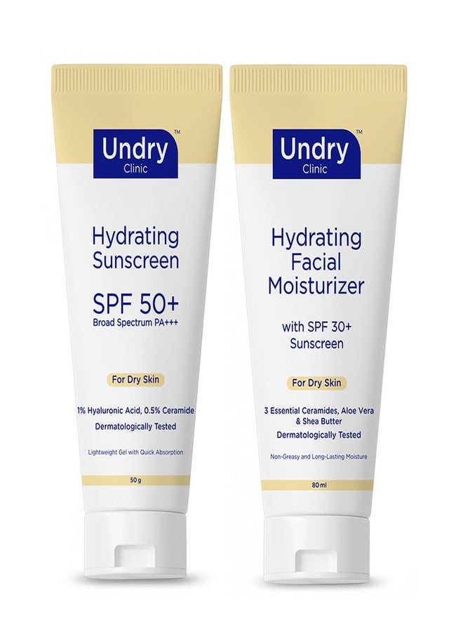Undry Hydrating Skincare Combo for Dry Skin | SPF 50+ Sunscreen with Hyaluronic Acid & Ceramide (50g) + Hydrating Facial Moisturizer with SPF 30+ Aloe Vera & Shea Butter (80ml)