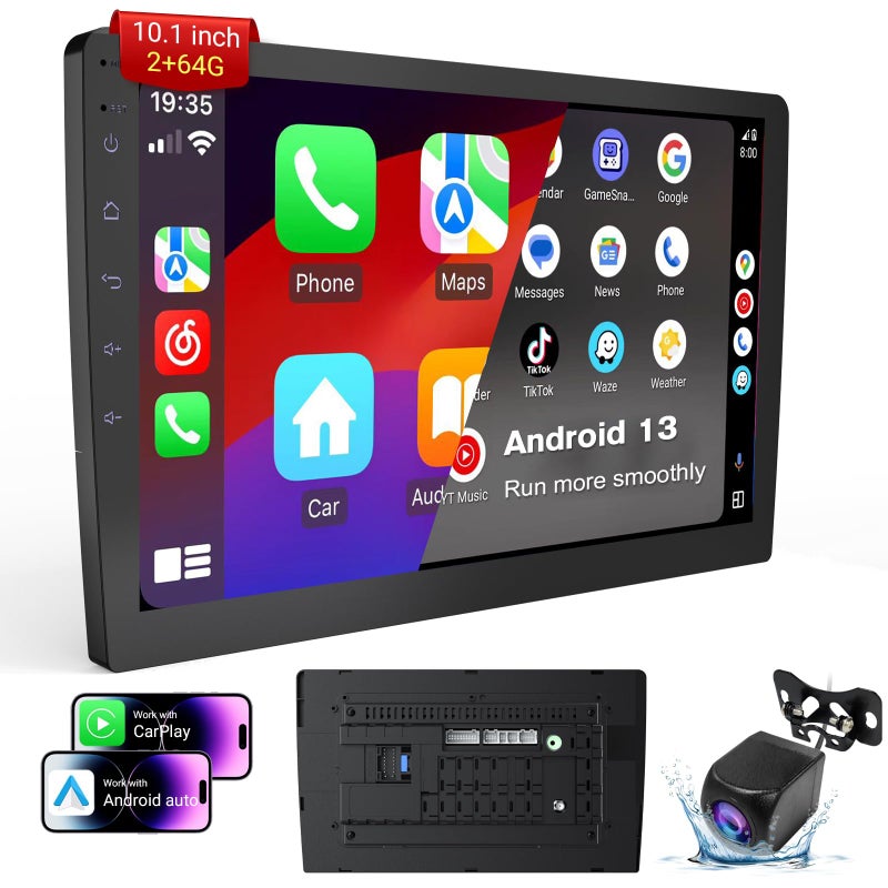 Haudio Double Din Android 13 Car Stereo Receiver - 10.1" Universal HD Touchscreen w/64GB, Built-in GPS & Backup Camera, Bluetooth 4.1, Supports CarPlay/MirrorLink (1990-2023 Vehicles) - Image 1