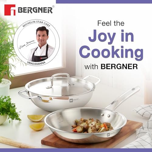 BERGNER طقم أواني الطهي من بيرجنر تري برو من الفولاذ المقاوم للصدأ 3 قطع - كاداي 22 سم (2.5 لتر) ومقلاة 22 سم (1 لتر) مع غطاء مشترك من الفولاذ المقاوم للصدأ، استخدام أقل للزيت، طهي صحي - قاعدة مناسبة للحث الحراري - Image 3
