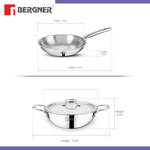 BERGNER طقم أواني الطهي من بيرجنر تري برو من الفولاذ المقاوم للصدأ 3 قطع - كاداي 22 سم (2.5 لتر) ومقلاة 22 سم (1 لتر) مع غطاء مشترك من الفولاذ المقاوم للصدأ، استخدام أقل للزيت، طهي صحي - قاعدة مناسبة للحث الحراري - Image 4