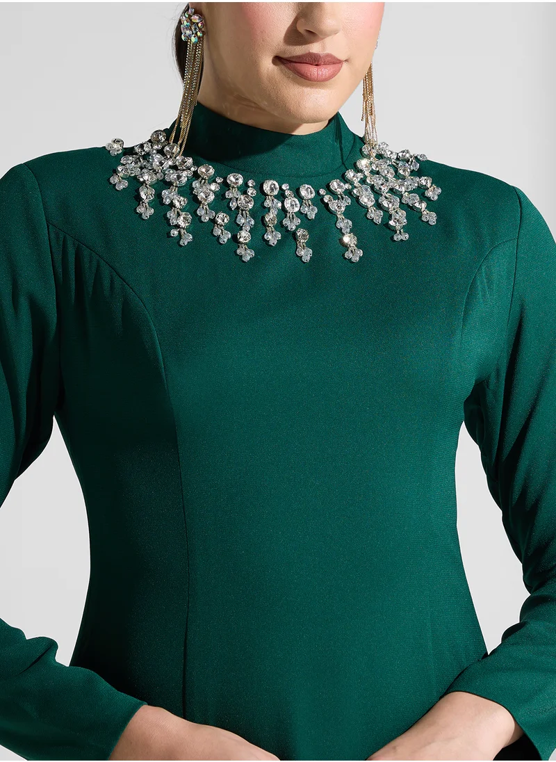 Akadia Fashion embellished neck crepe dress