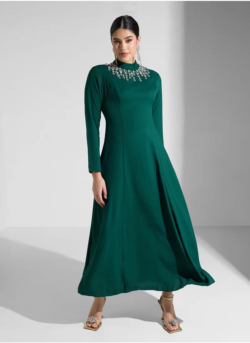 Akadia Fashion embellished neck crepe dress