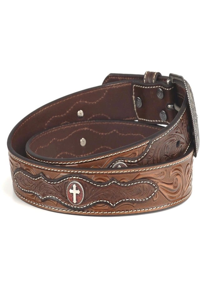 ARIAT Men's Tooled Brown Leather Belt with Copper Cross Conchos, 46 - Image 4