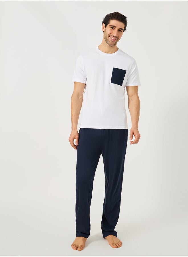 Styli Solid Contrast Pocket Detail T-Shirt and Pyjama Set  - Image 1