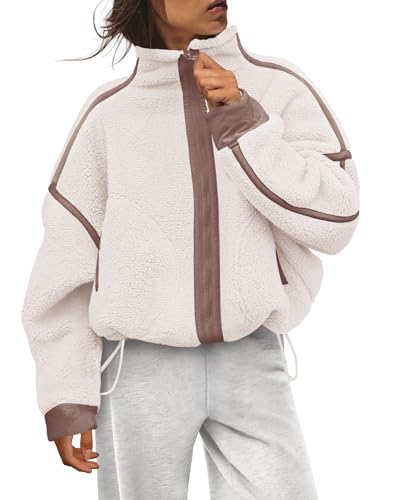 Panadila Womens Fleece Zip Up Jacket Fuzzy Sherpa Jacket Casual Teddy Coats Winter Outerwear with Pockets (Beige Brown Combo,XL) - Image 1