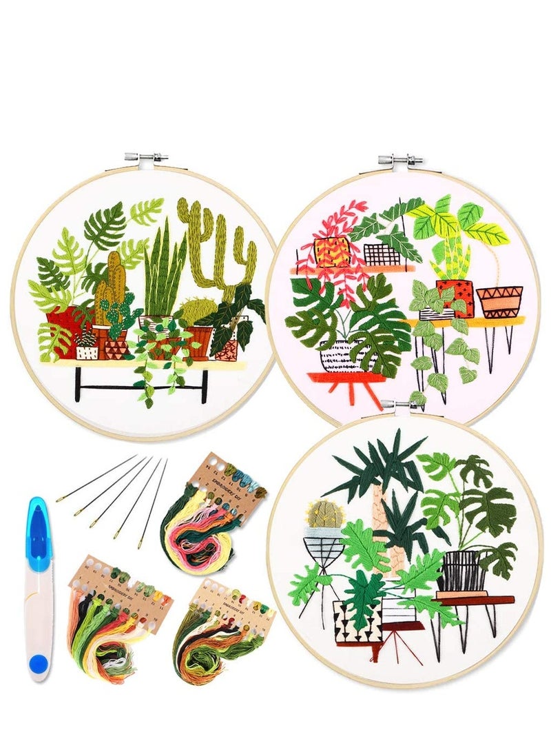 KASTWAVE Embroidery Starter Kit with Pattern and Instructions, 3 Sets Cross Stitch Kit Include Embroidery Clothes with Plants Flowers Pattern, 1 Embroidery Hoops, Color Threads and Tools, Deco - Image 1