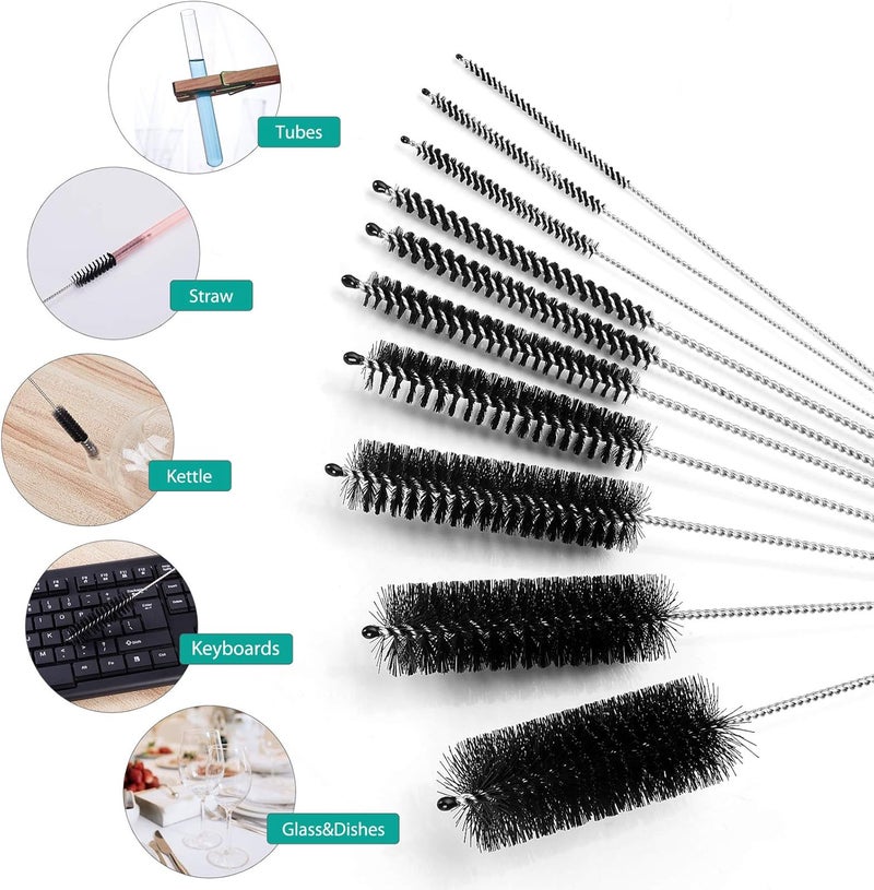 CiaraQ Bottle Cleaning Brushes, 8 Inch Nylon Tube Brush Set, Cleaner for Narrow Neck Bottles Cups with Hook, Set of 10pcs, Black - Image 2