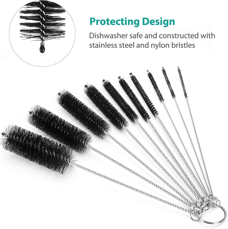 CiaraQ Bottle Cleaning Brushes, 8 Inch Nylon Tube Brush Set, Cleaner for Narrow Neck Bottles Cups with Hook, Set of 10pcs, Black - Image 4