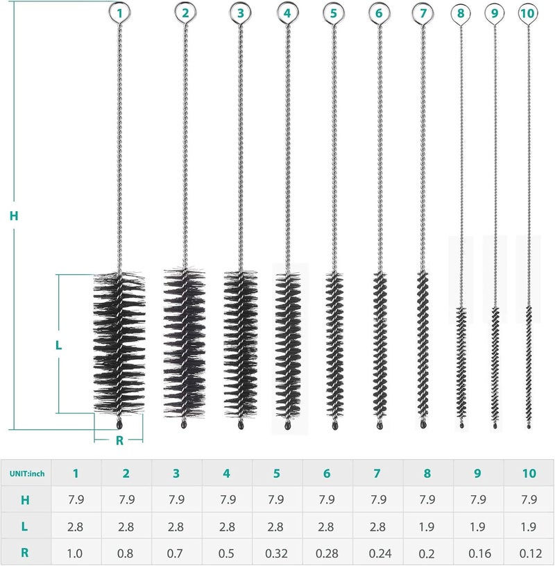 CiaraQ Bottle Cleaning Brushes, 8 Inch Nylon Tube Brush Set, Cleaner for Narrow Neck Bottles Cups with Hook, Set of 10pcs, Black - Image 3