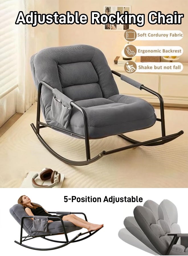 Rocking Chair 5-Position Adjustable Upholstered Rocking Armchair Lazy Sofa Chair with Side Pocket Noise Reduction Strip,Reclining and Sleeping Modern Lounger Sofa for Living Room Bedroom Patio Garden - Image 1