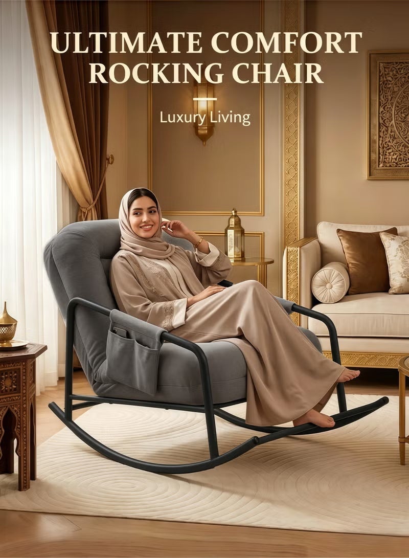 Rocking Chair 5-Position Adjustable Upholstered Rocking Armchair Lazy Sofa Chair with Side Pocket Noise Reduction Strip,Reclining and Sleeping Modern Lounger Sofa for Living Room Bedroom Patio Garden - Image 3